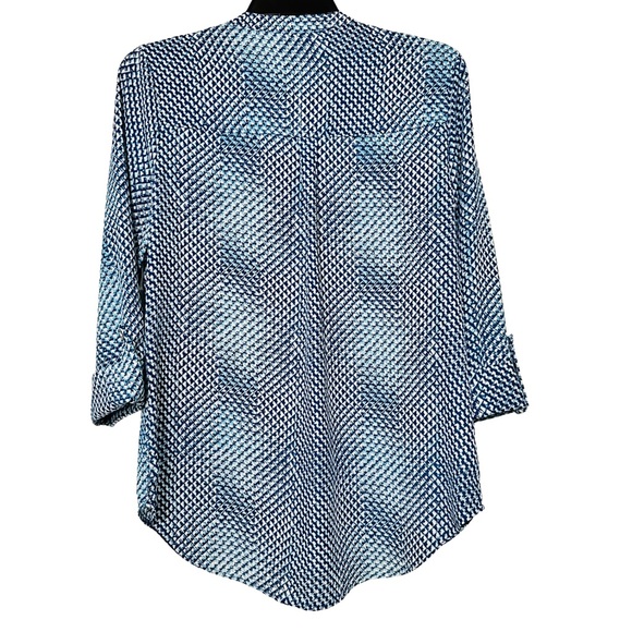 JTB Blue Geometric Print Button Front Blouse Roll Tab Sleeves Sz Medium - Picture 2 of 7
